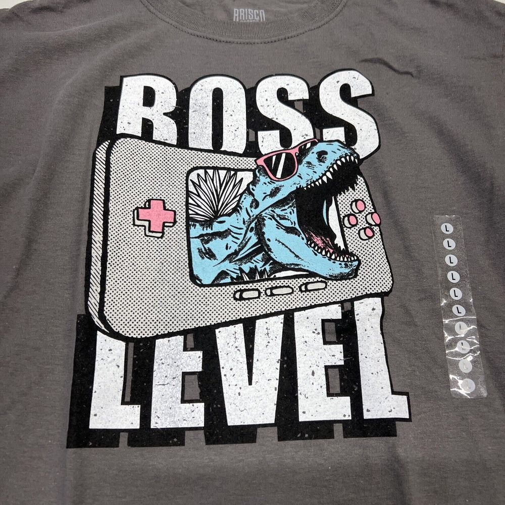Brisco Bramos Boss Level Dinosaur Video Controller Shirt Gray Size‎ Childs L New